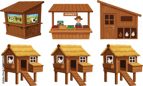 Farm buildings and market stalls illustration set with wooden sheds, chicken coops, and rural structures isolated on white background
