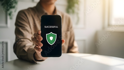 Person holding smartphone with green shield security icon on screen