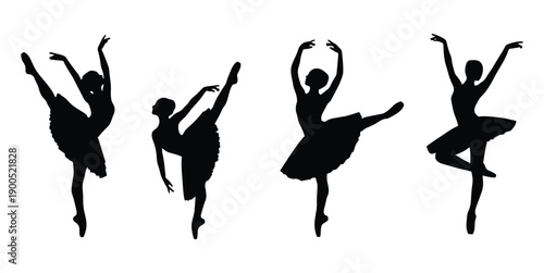 Black and white ballet dancer silhouette vector design with elegant classical dance poses