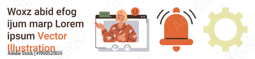 Virtual interaction, digital communication, notification alert, technology, online engagement, user interface. Elderly woman on a video call screen, bell icon and gear symbol. Virtual interaction