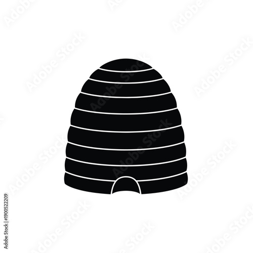 Beehive vector black outline icon showing traditional dome shaped structure for bees on a white background with horizontal lines and entrance