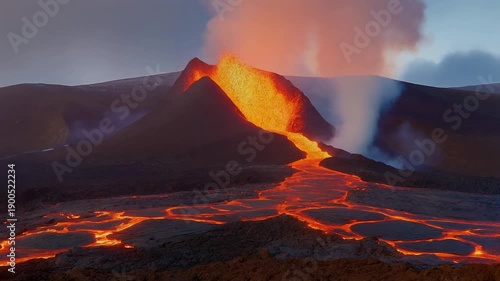 Volcanic eruption with lava flowing on rugged terrain under a cloudy sky
