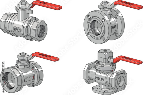 Industrial ball valve types illustration set with threaded and flanged stainless steel valves, red handles, plumbing and pipeline equipment isolated on white background