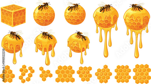 Honeycomb and dripping honey illustration set with bees, golden hexagonal cells, natural sweet food elements, beekeeping concept, detailed flat vector style, isolated on white background