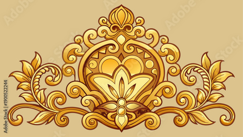 Ornate gold floral and leaf design with vase