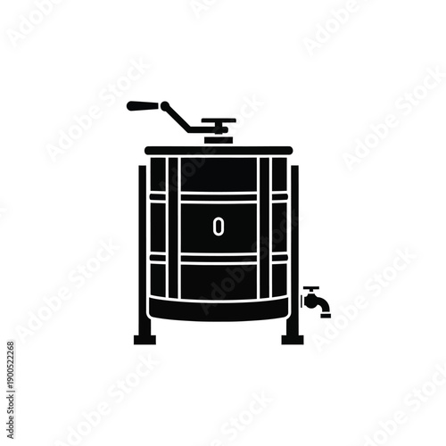Black silhouette of stainless steel honey extractor tank with crank handle and spigot, beekeeping equipment for honey processing, industrial food production, isolated