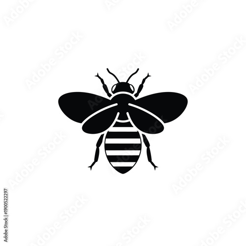Black silhouette of honey bee with open wings and striped body for commercial honey farming logo or environmental protection organization identity branding in bold minimalist style
