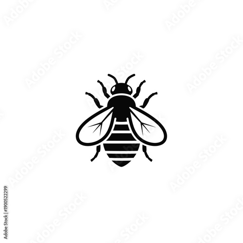Honeybee worker insect silhouette with detailed wing patterns and striped abdomen for honey product labels or beekeeping industry branding icons in minimalist black and white style