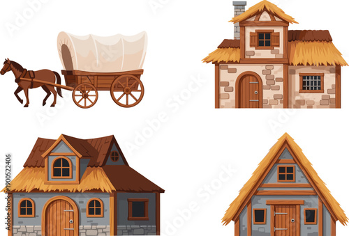 Medieval village elements illustration set with horse wagon and rustic houses, fantasy rural buildings isolated on white background