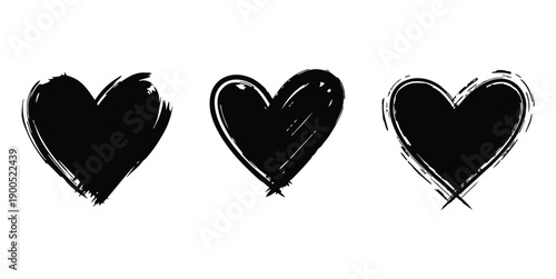 Black and white heart silhouette vector design with hand drawn brushstroke textured styles