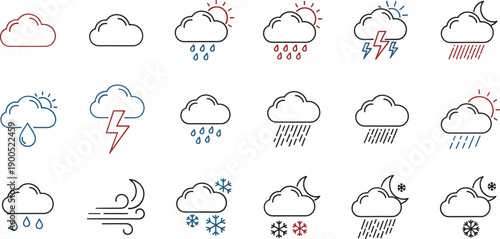 Minimal line weather icons set showing sun, clouds, rain, snow, storm, wind, and night conditions for forecast design
