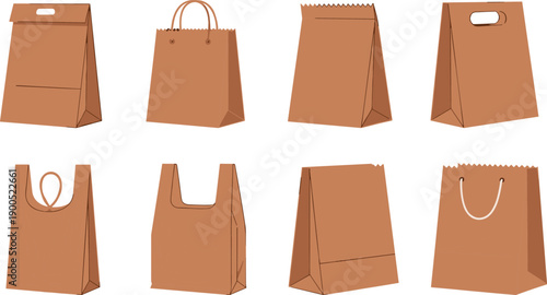 Paper shopping bag illustration set with multiple handle styles, eco friendly packaging designs, retail and takeaway bags, flat vector collection, isolated on white background