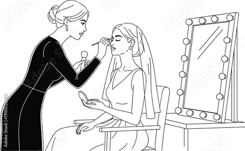 Professional Makeup Artist Applying Bridal Makeup to Beautiful Bride in Dressing Room Black and White Line Art Illustration