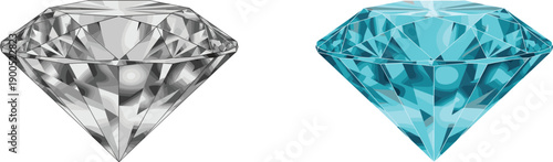 Realistic Diamond and Blue Gemstone Illustration Set with Faceted Crystal Shapes Luxury Jewelry Design Isolated on White Background