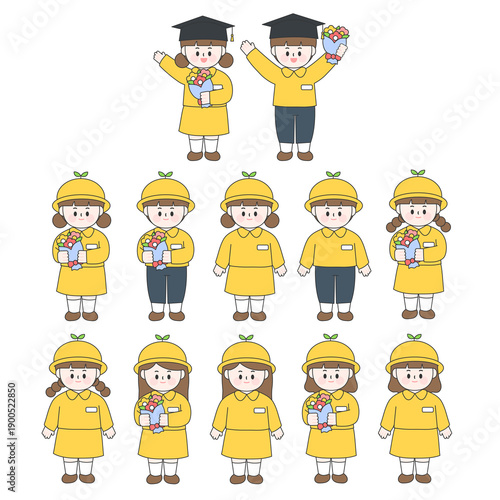 Kindergarten Kids Graduation and School Uniform Character Set