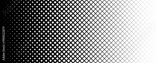 Thin to thick grid pattern gradient. Fading net gradation texture background. Black repeating mesh backdrop for overlay, print, cover, banner, poster. Vanishing overlapping lattice wallpaper. Vector