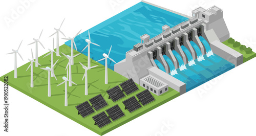 Renewable energy illustration showing hydroelectric dam, wind turbines, and solar panels, clean sustainable power generation concept isolated on white background
