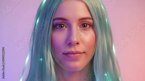 Wallpaper Mural Woman with blue hair and neon lights on pink background portrait Torontodigital.ca