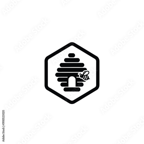 Honey bee home in hexagonal shape line art icon on white background, black flat vector illustration. suitable for logo, sign, symbol, and emblem