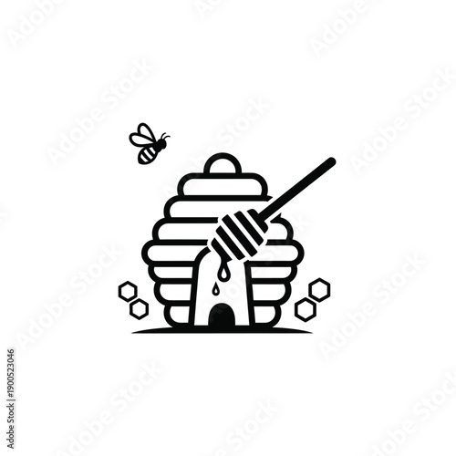 Honey bee, beehive, honey dipper, and honeycomb black flat vector illustration on white background, suitable for logo, sign, and emblem