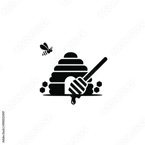 Honey bee, beehive, honey dipper, and honeycomb black flat vector illustration on white background, suitable for logo, sign, and emblem