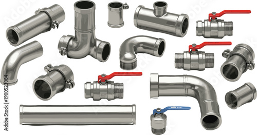 Stainless steel pipe fittings and valves illustration set with elbows, connectors, couplings, and ball valves for plumbing and industrial systems