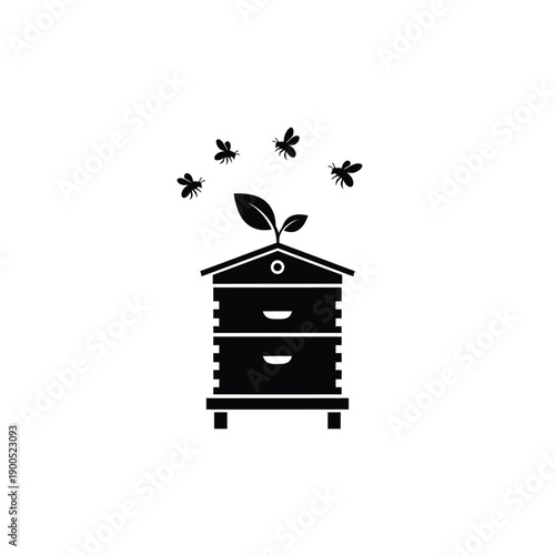 Vector illustration of a beehive with a small plant sprout on top and bees flying around, symbolizing beekeeping, nature, and growth