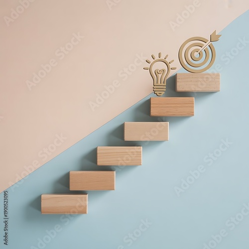 Staircase of wooden blocks leading up to lightbulb and target icons on split color background representing growth mindset