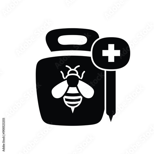 Black and white graphic of bee sting treatment, showing jar with bee symbol and medical cross on applicator. Bee allergy care symbol.