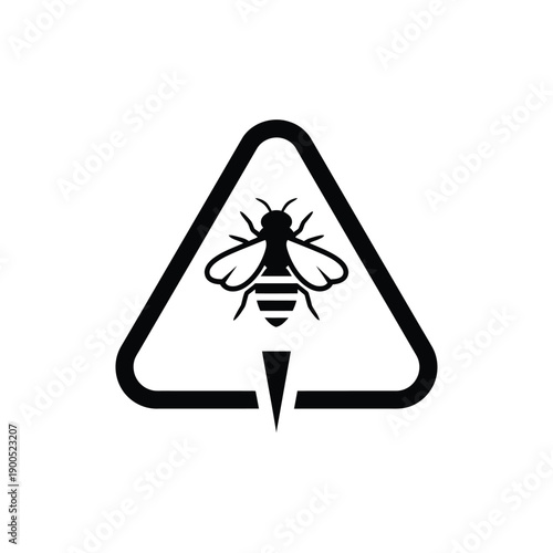 Black and white hazard warning sign with bee symbol inside triangle. Danger of bee sting alert symbol, insect warning icon.