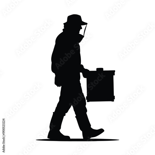 Silhouette of beekeeper in protective suit carrying hive. Professional apiculturist walking with beekeeping equipment in natural setting.