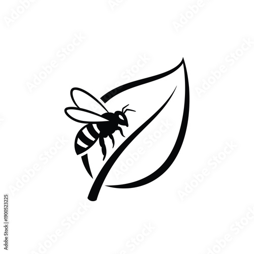 Minimalist honeybee logo vector illustration with insect flying over leaf silhouette design element for organic honey brand identity and environmental conservation concept graphic