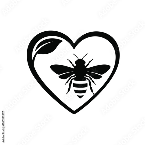 Bee inside heart shape with leaf accent logo vector design for honey brand nature love environmental protection charity organic farming and beekeeping business identity template