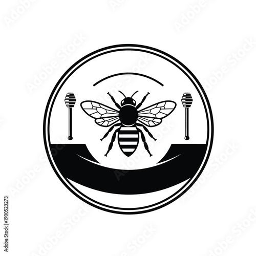 Bee icon. honeybee with honey dippers on sides inside round frame. isolated on white background. stock vector illustration. graphic design element