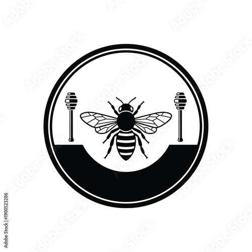 Bee icon. honeybee with honey dippers on sides inside round frame. isolated on white background. stock vector illustration. graphic design element