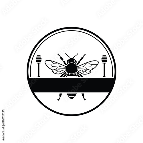 Bee icon. honeybee with honey dippers on sides inside round frame. isolated on white background. stock vector illustration. graphic design element