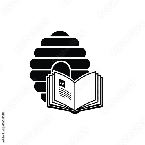 Open book in front of a beehive icon, black and white vector illustration, educational graphic with a nature and learning theme