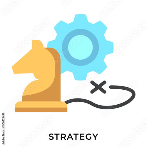 Business Strategy Planning Icon with Chess Knight and Gear Symbol in Flat Style