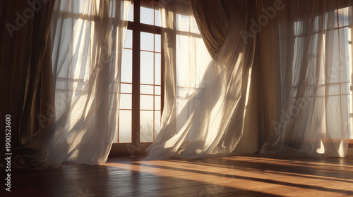 Sunlight streams through the window casting a warm glow on the curtains 
