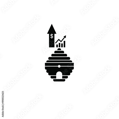 Beehive with financial growth chart and dollar sign, representing business success and profit in beekeeping, black silhouette icon.