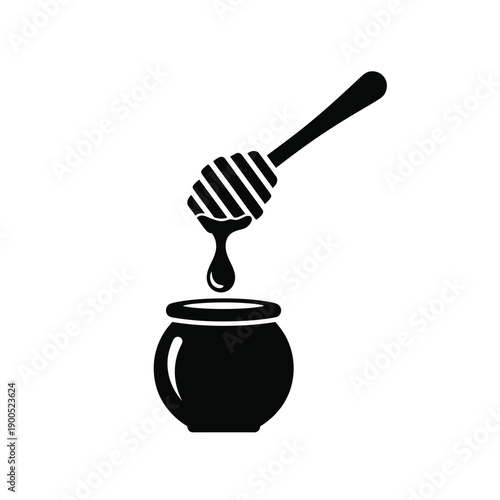 Honey dipper dripping honey into a pot, black silhouette isolated on white background, simple icon for food and drink themes.