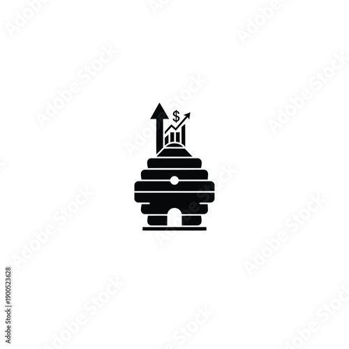Beehive finance investment icon with bar charts and growth arrow for business success and profit in nature apiary industry and financial development concept in minimalist vector style