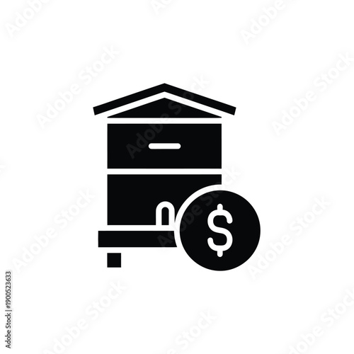 Beehive with dollar sign coin icon for apiary business and honey production finance concept isolated on white background with minimalist black flat design style for marketing logo