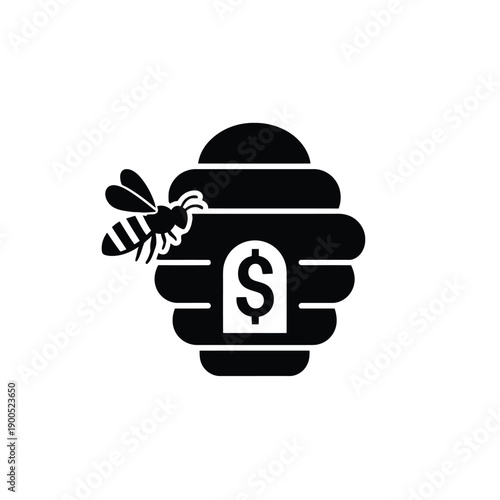 Bee and beehive with dollar sign symbol for honey business and apiculture finance concept in minimalist black vector style for commercial branding and agricultural industry marketing