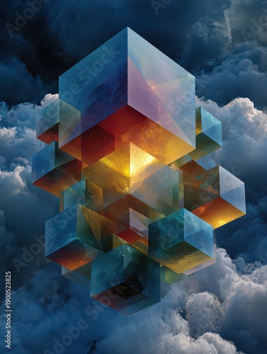 Abstract Geometric Shapes in Colorful Clouds with Light Reflections