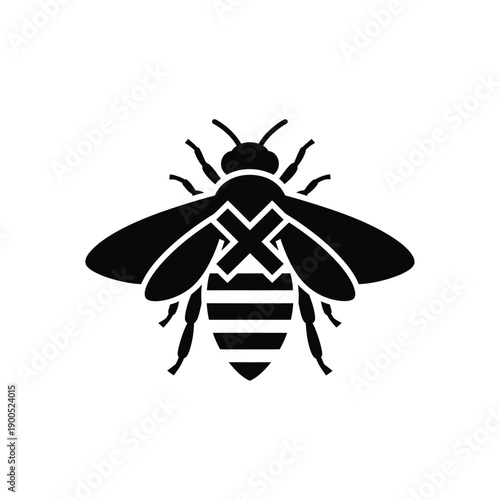 A bold black silhouette of a honey bee with distinct stripes on its abdomen and a prominent X marking on its body, set against a pristine white background