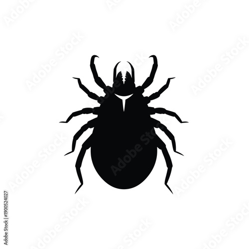 A detailed black silhouette of a tick, featuring its characteristic eight legs and distinct mouthparts, presented against a stark white background