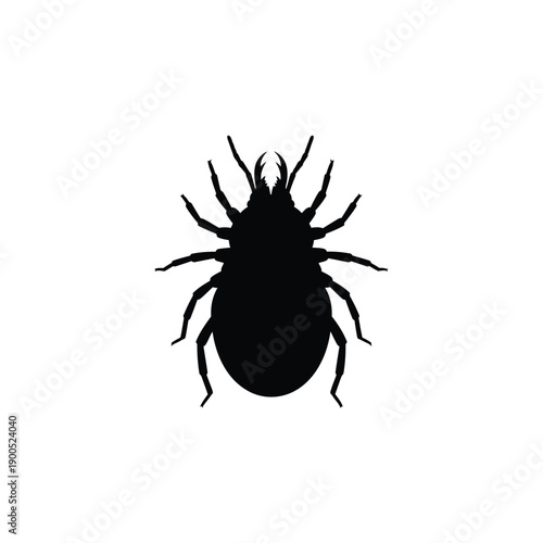 A stark black silhouette of a tick displaying its segmented body, eight legs, and prominent mouthparts, isolated against a pristine white background