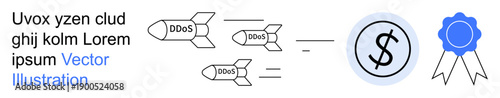 Cybersecurity, online threats, financial protection, network security, digital attacks, economic risk. Multiple rockets labeled DDoS aiming at a currency symbol. Cybersecurity and online threats
