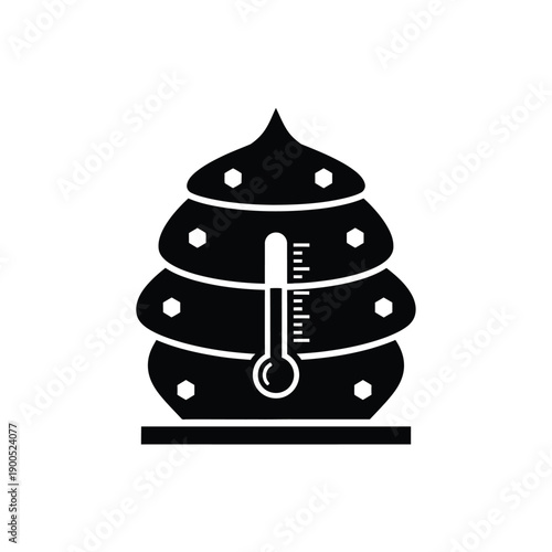 Beehive temperature control vector icon for beekeeping analytics and climate monitoring showing black silhouette of honey bee nest with thermometer on white background for design